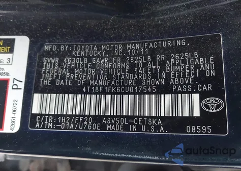 2012 Toyota Camry Se из США, поврежденный, VIN 4T1BF1FK6CU017545